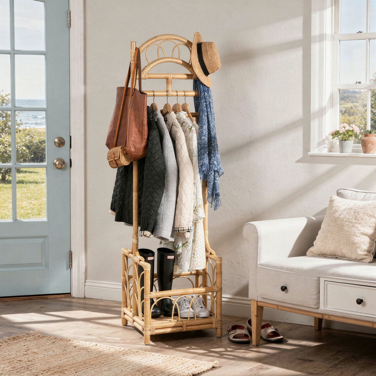Kouboo Rattan Freestanding Coat Rack with Shoe Shelf