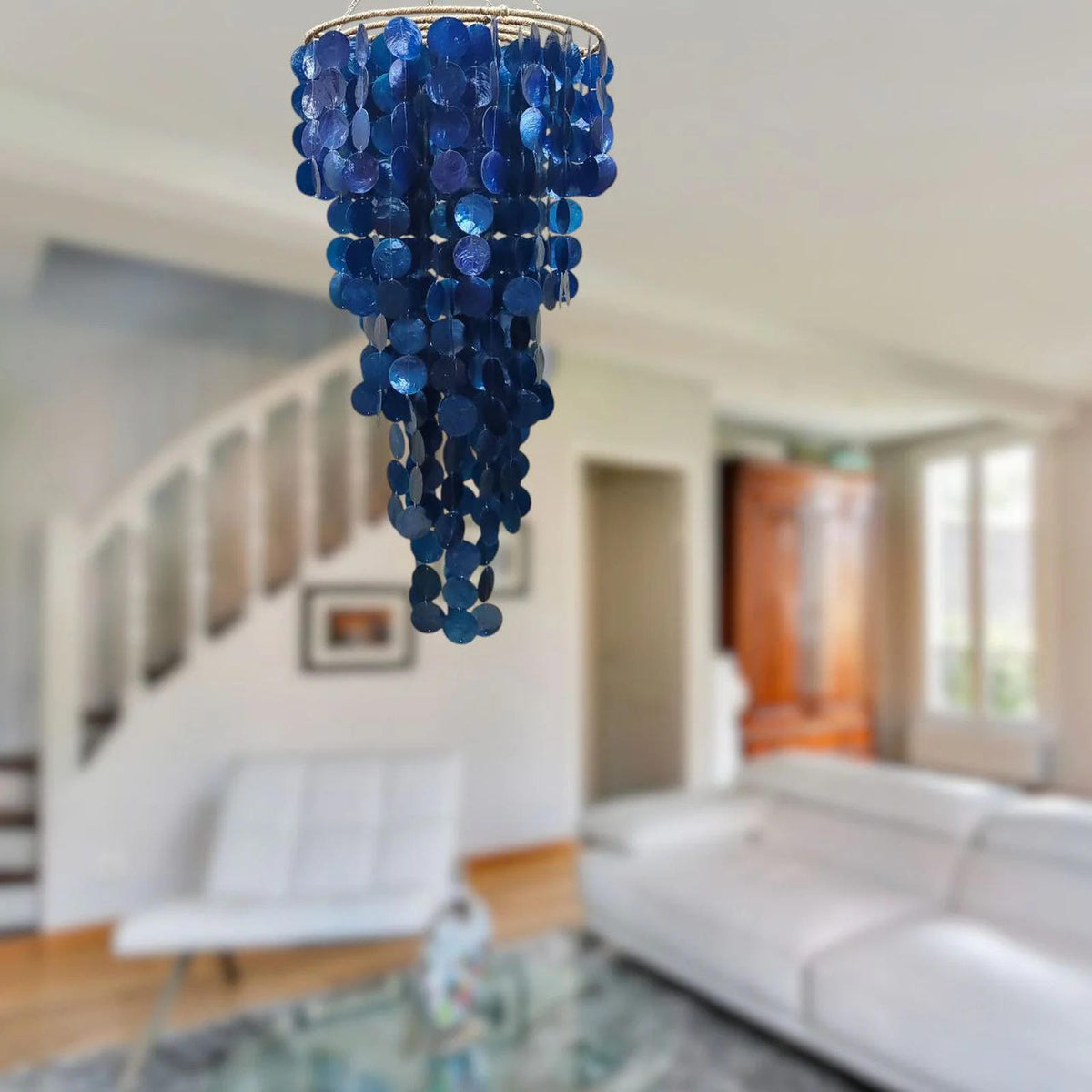 Navy Blue Capiz Shell Wind Chime Chandelier